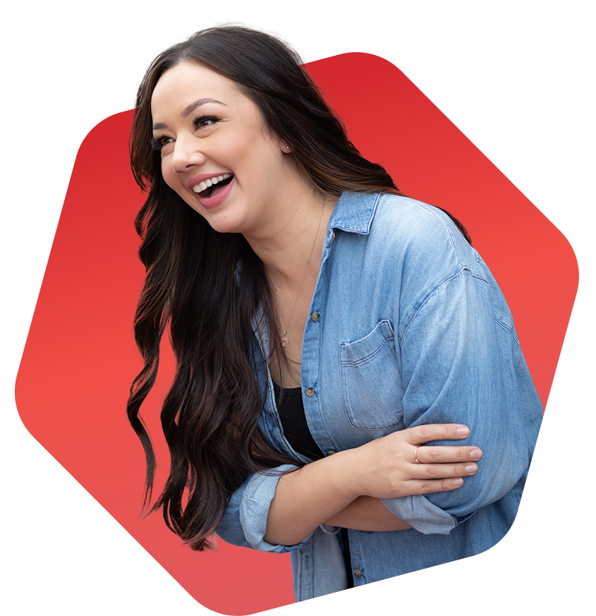 girl leaning forward laughing